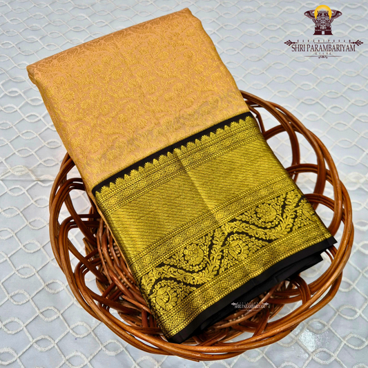 A soft beige gold body with a contrasting coffee brown korvai border enriched Saree