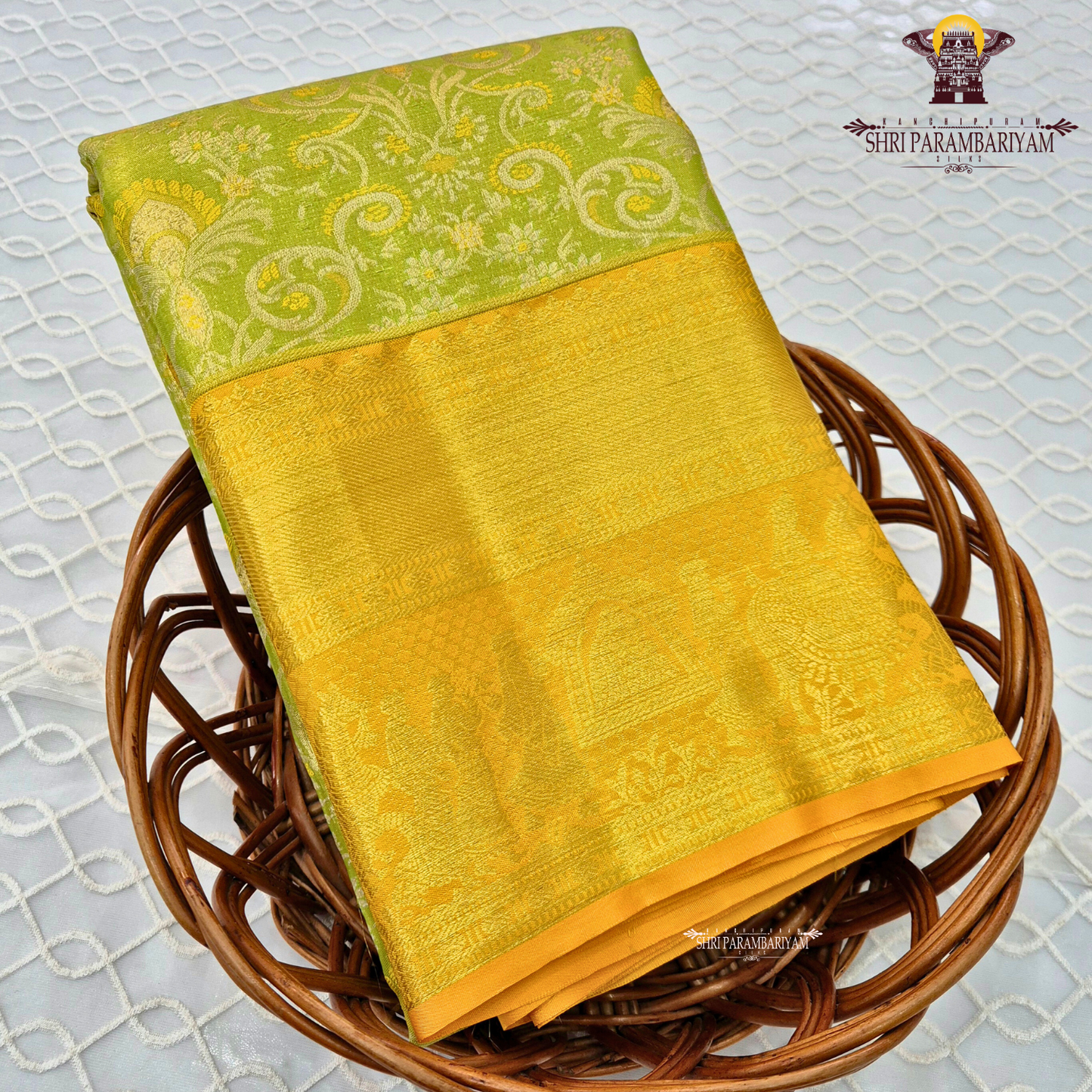 Fresh parrot green with golden yellow (mustard gold) border Saree