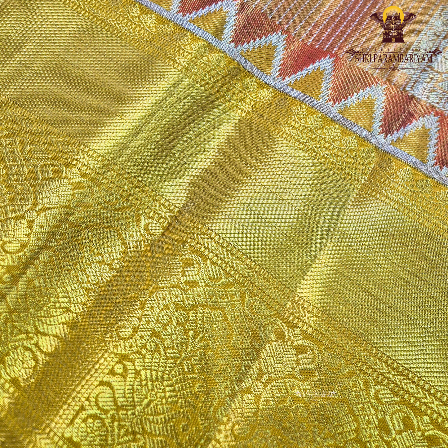 Rich golden tissue body with a rusty orange / copper-toned pallu Saree