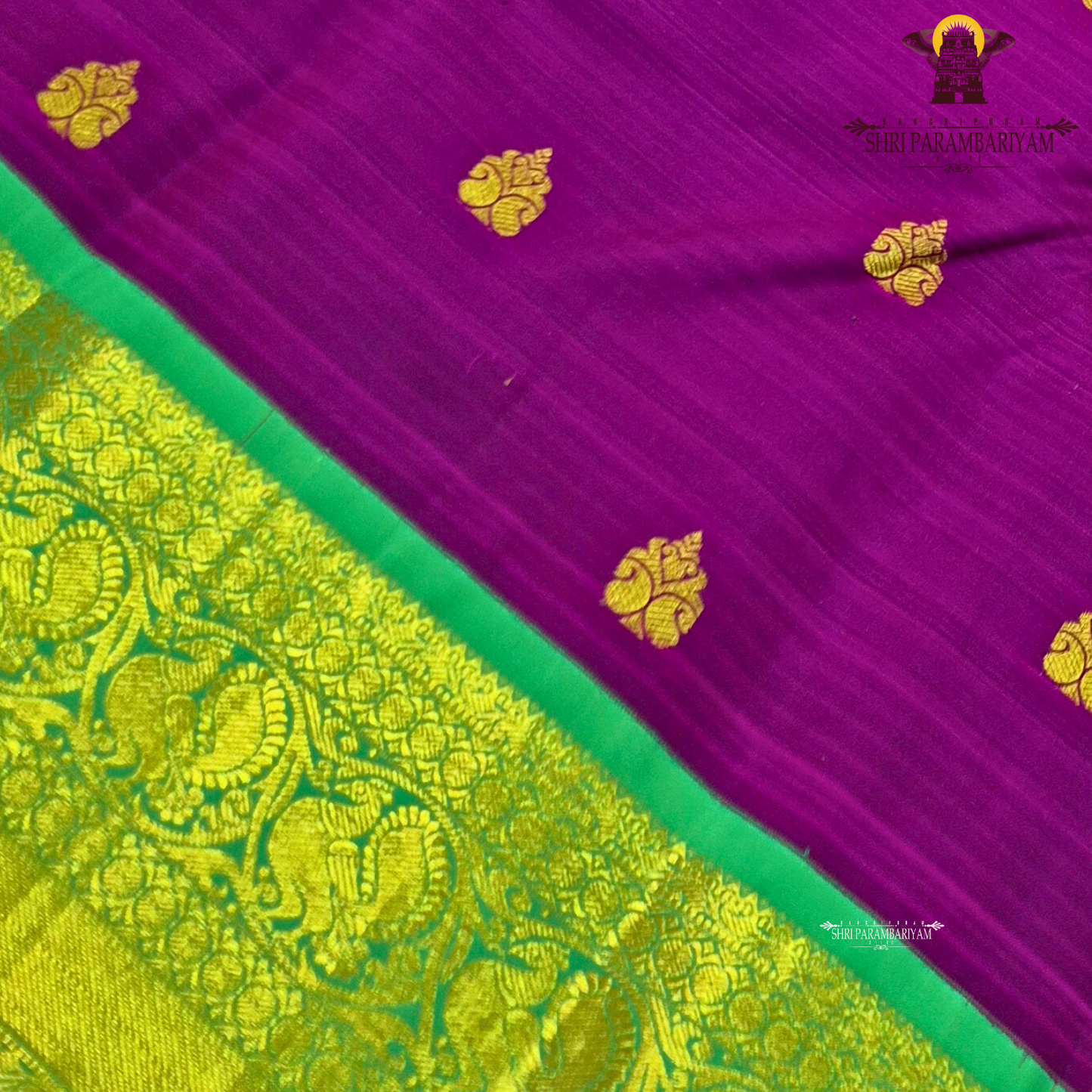 A rich royal purple body paired with a parrot green border highlighted Saree