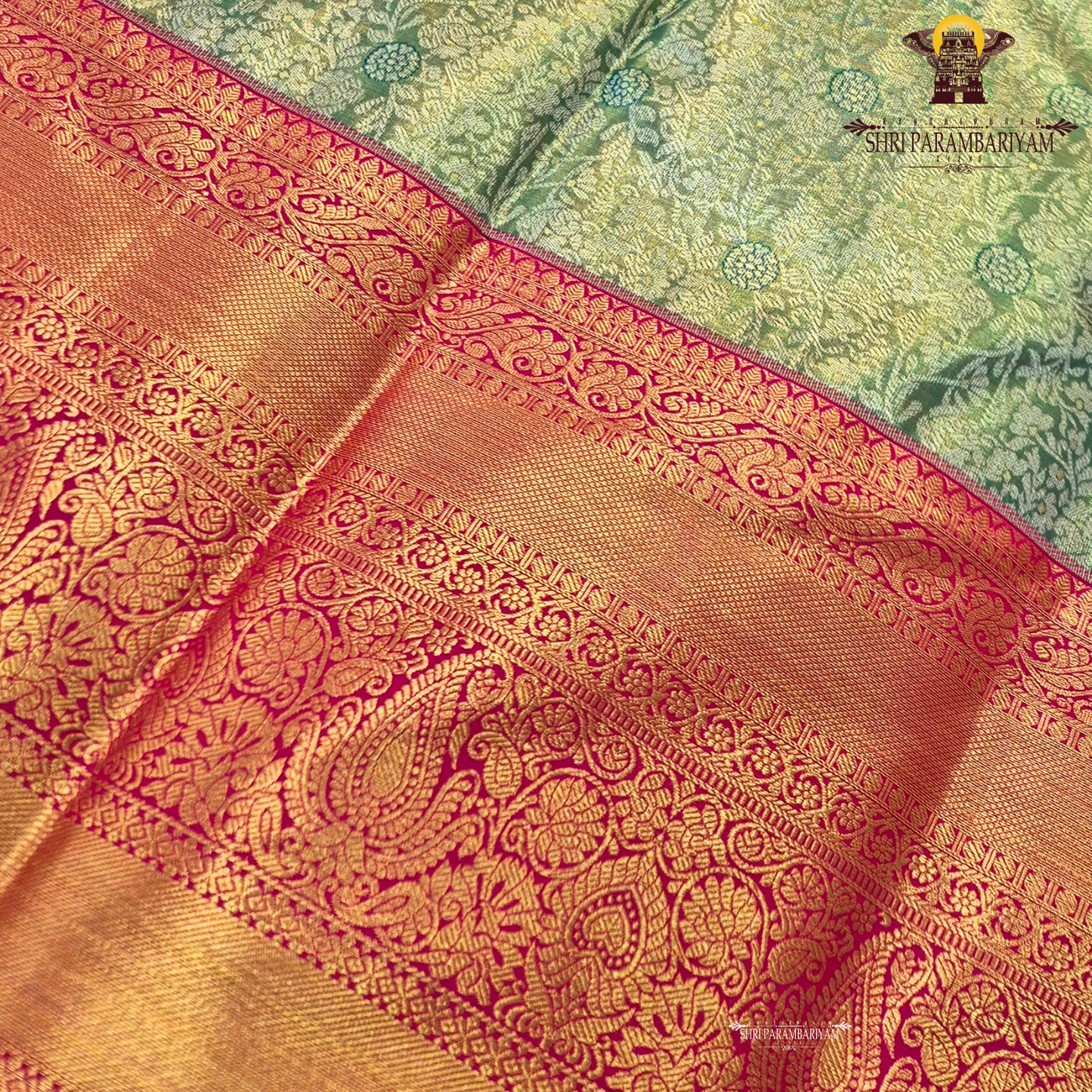 A refreshing pastel pista green body with a subtle sheen Saree