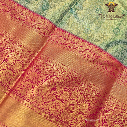 A refreshing pastel pista green body with a subtle sheen Saree