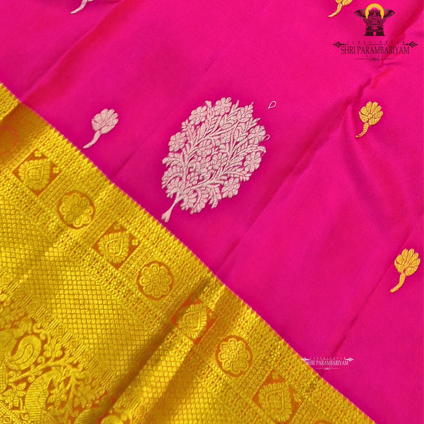 Bright Rani Pink with Rich Gold Zari & Rust Orange Border Saree