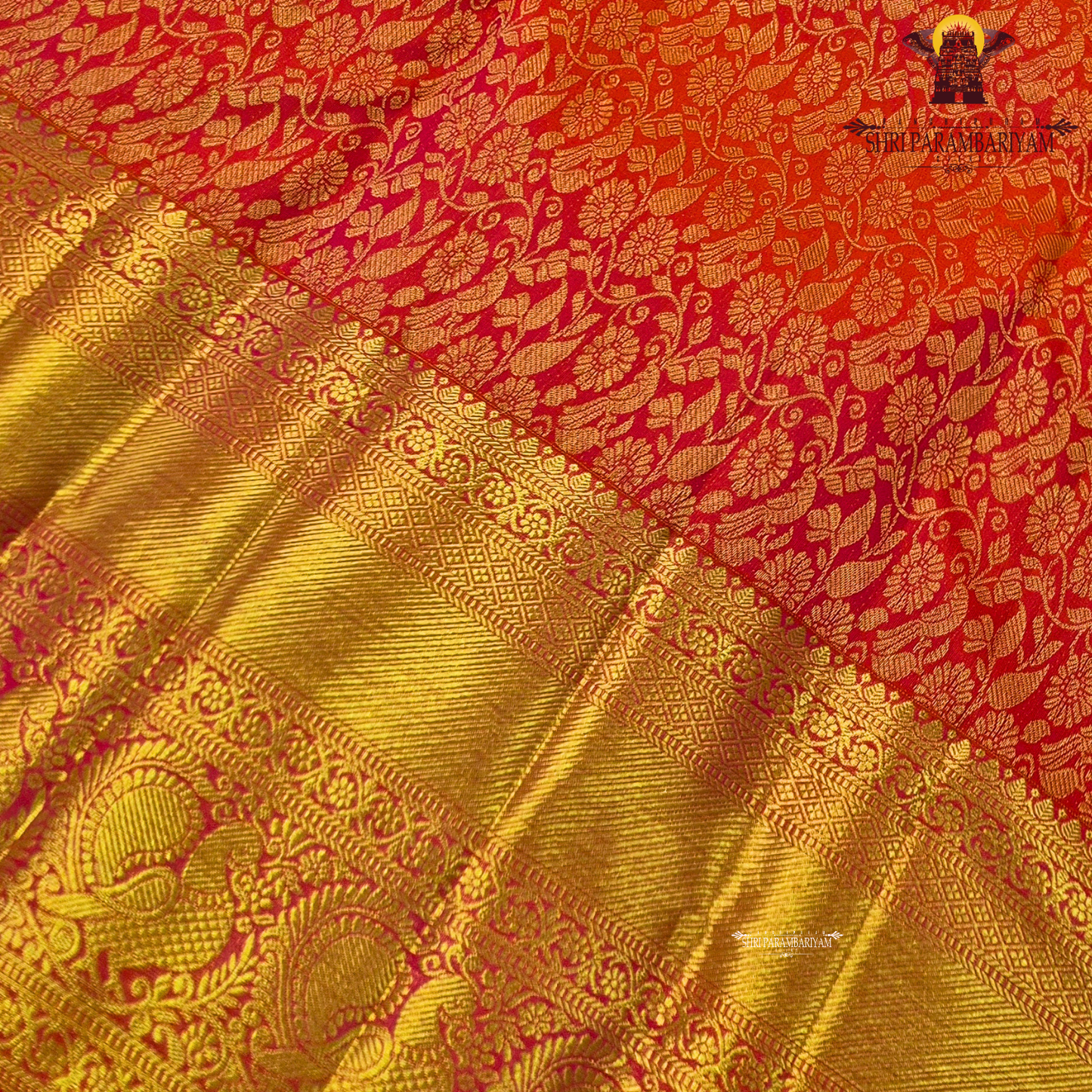 A vibrant reddish orange and pink combination with a radiant gold zari Saree