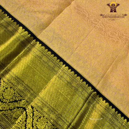 A soft beige gold body with a contrasting coffee brown korvai border enriched Saree