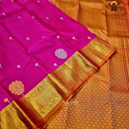 Bright Rani Pink with Rich Gold Zari & Rust Orange Border Saree
