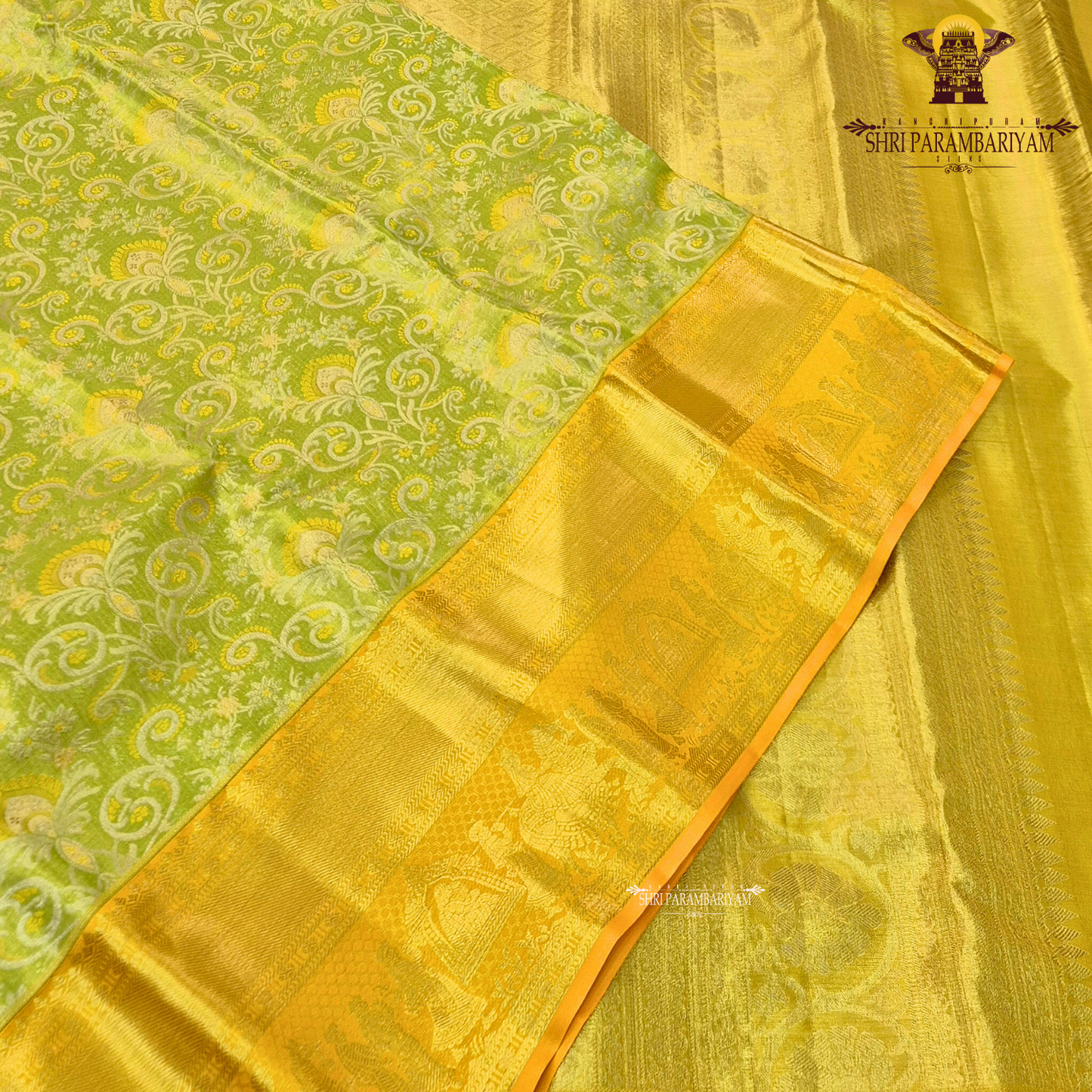 Fresh parrot green with golden yellow (mustard gold) border Saree