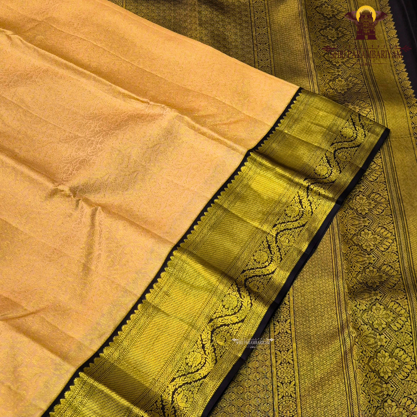 A soft beige gold body with a contrasting coffee brown korvai border enriched Saree