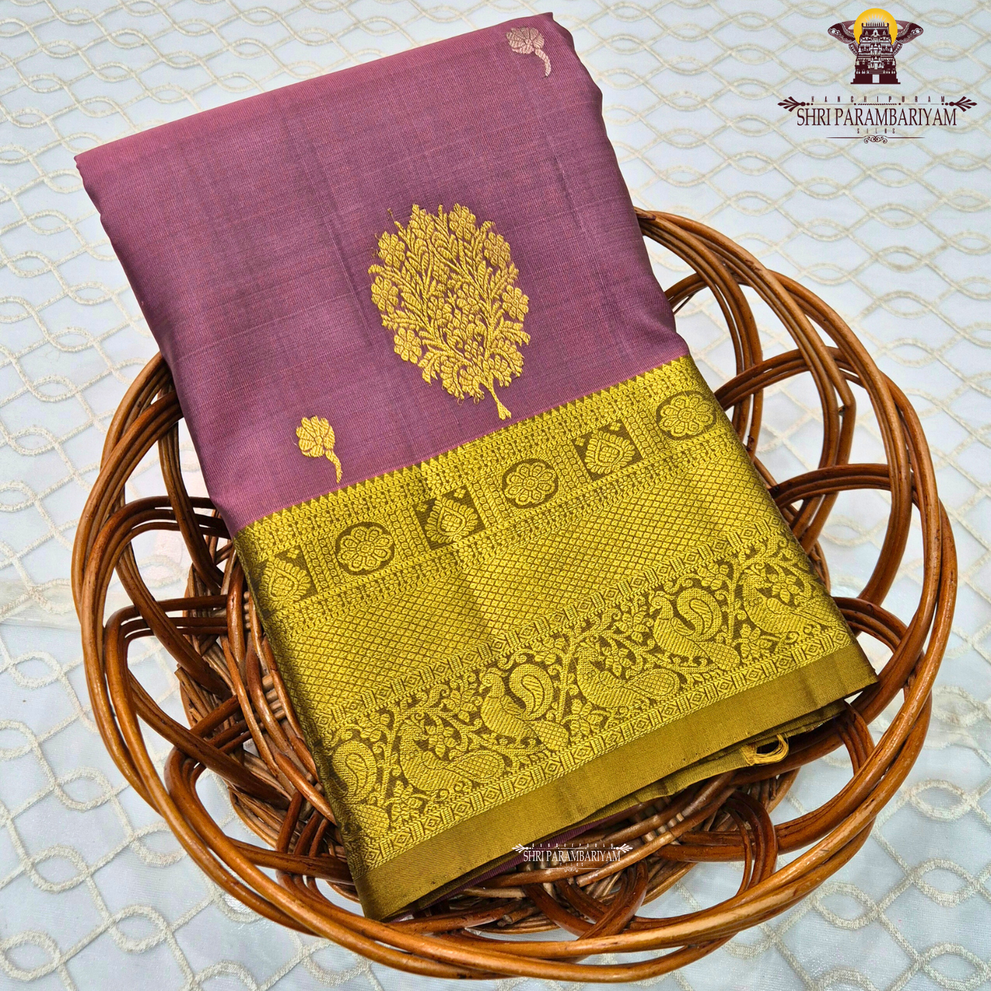 Elegant Dusty Mauve / Ash Rose with Antique Gold Zari Border Saree