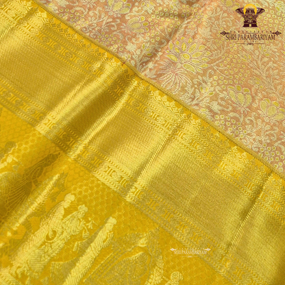 Soft peach / pastel orange with golden yellow (zari gold) border Saree