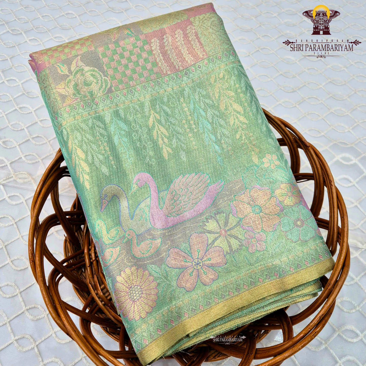 Pastel Mint Green / Sea Green with Antique Gold with multi-tone pastel Saree