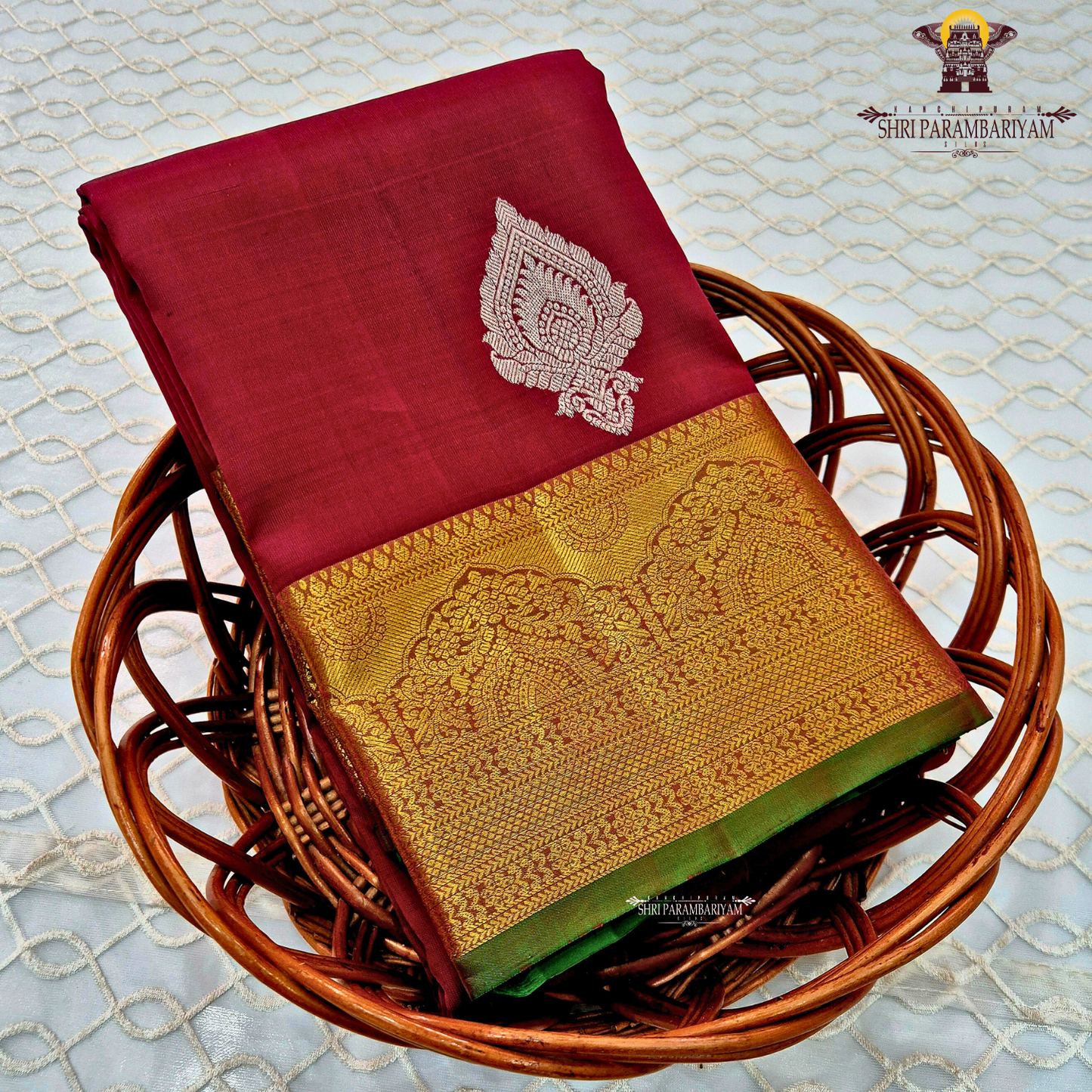 Classic Deep Red with Rich Gold Zari Border and Green Selvedge Saree