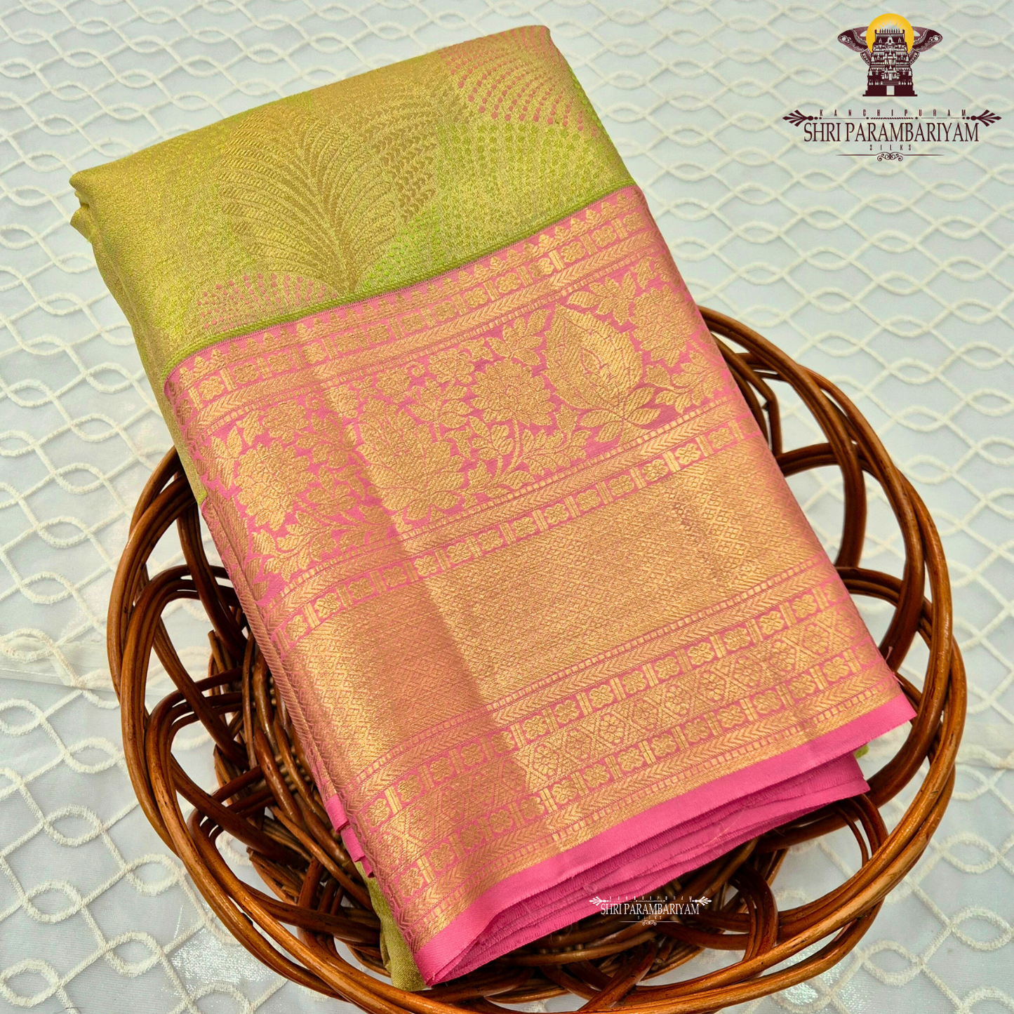 Soft olive green / pista green with Contrast rani pink border Saree