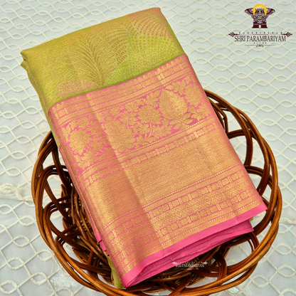 Soft olive green / pista green with Contrast rani pink border Saree