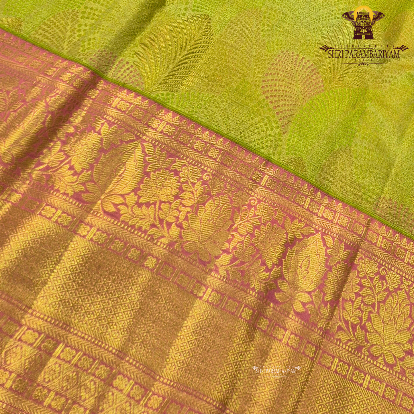 Soft olive green / pista green with Contrast rani pink border Saree
