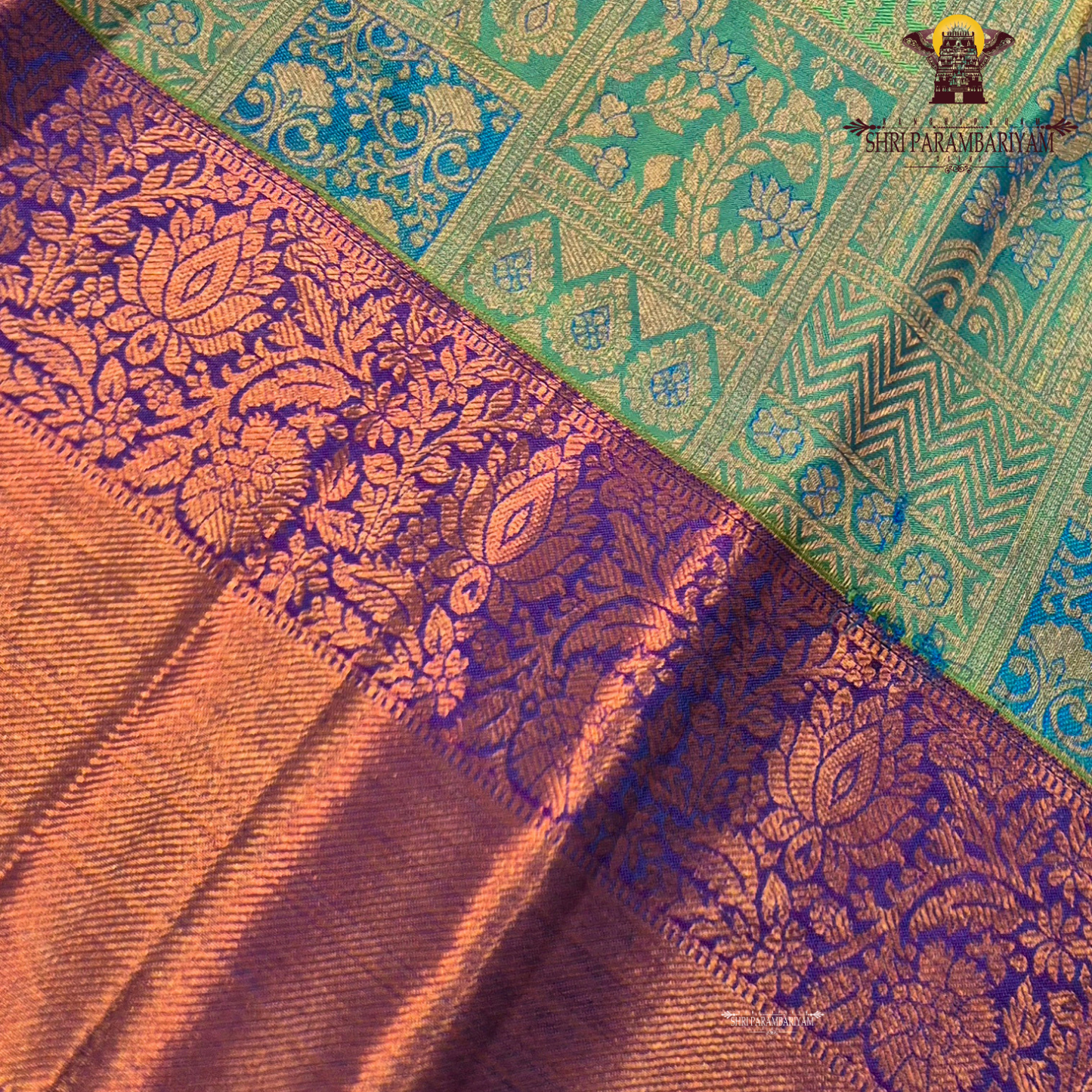 A fresh parrot green body with a contrasting rich purple border and pallu Saree