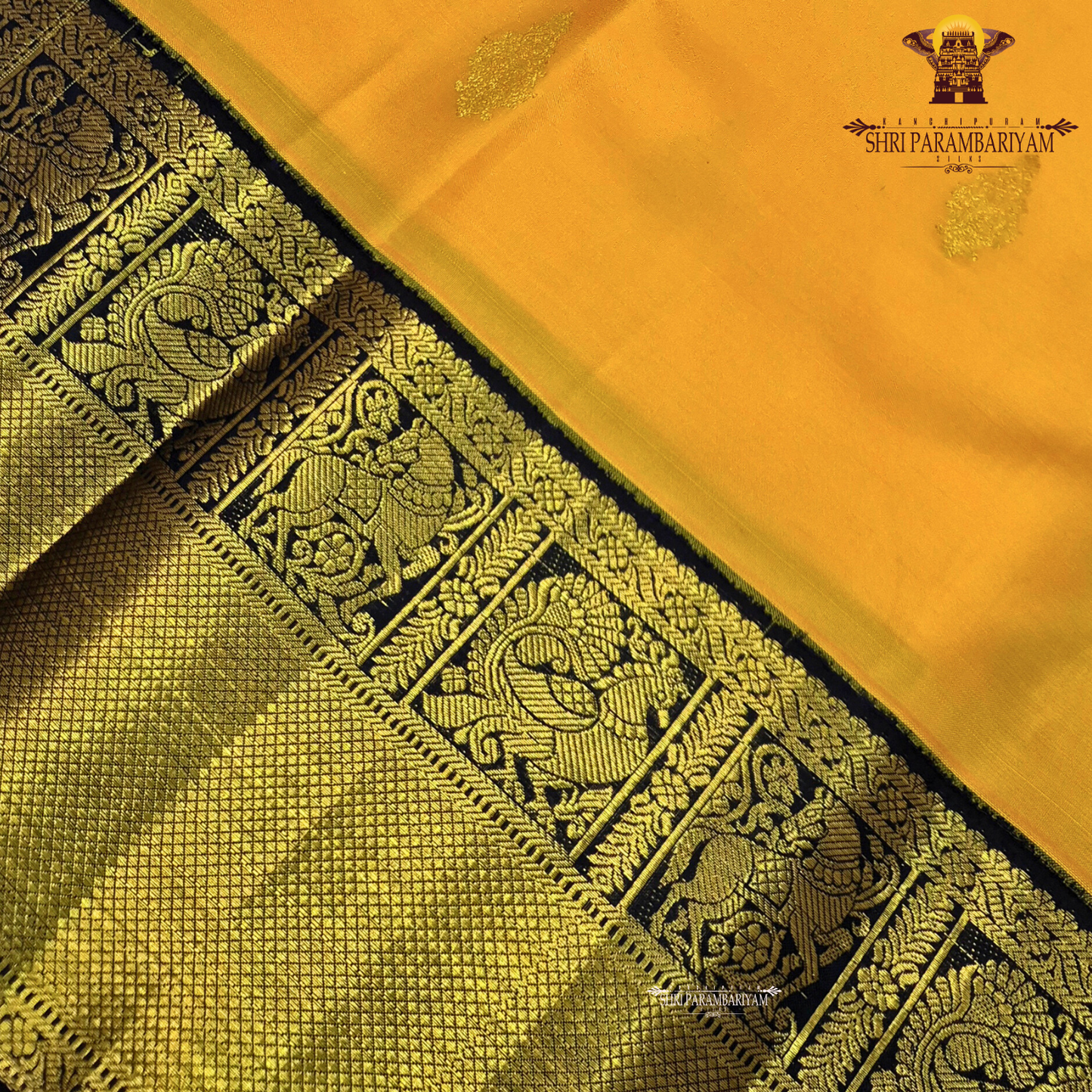 A bright turmeric yellow body paired with a deep navy blue border richly woven Saree