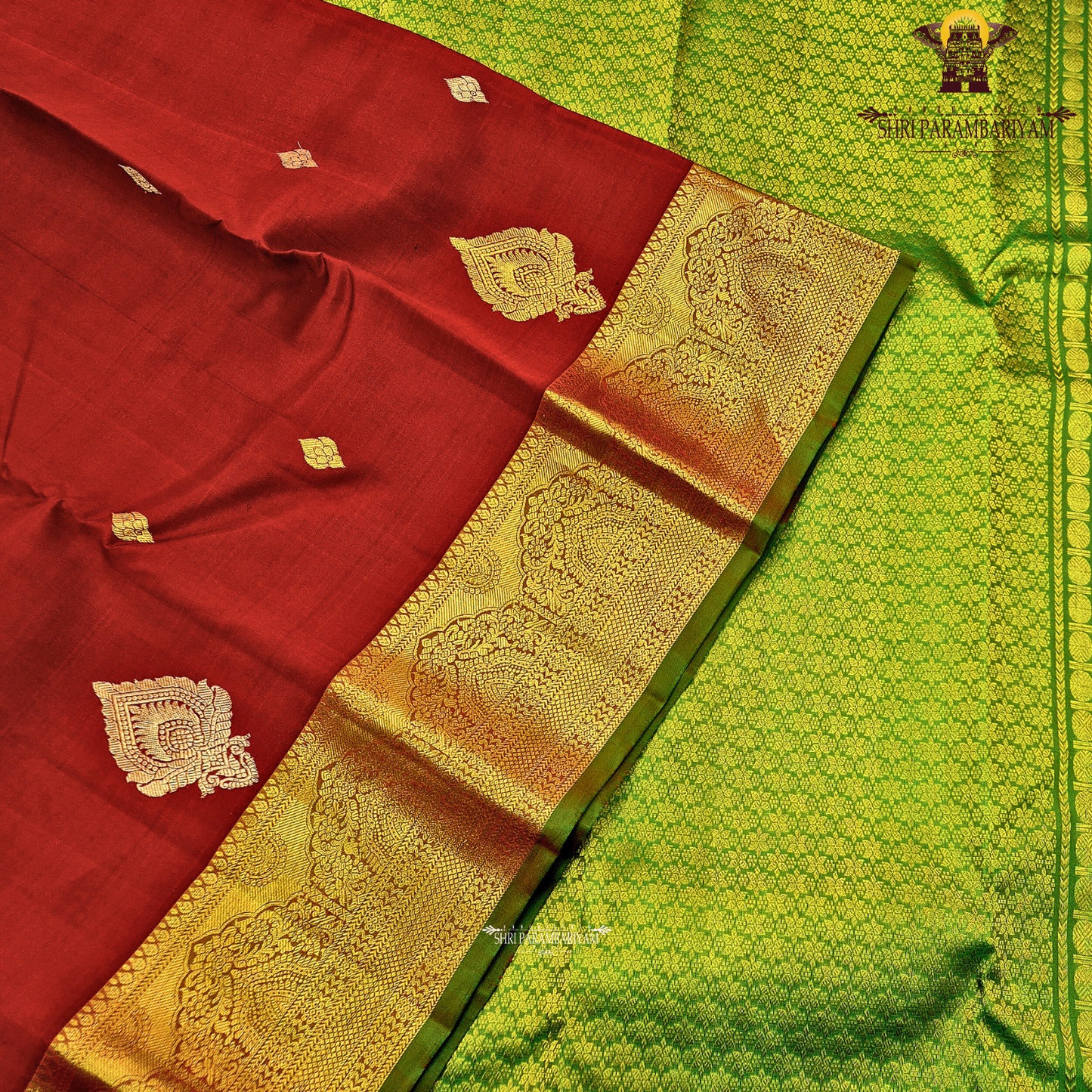 Classic Deep Red with Rich Gold Zari Border and Green Selvedge Saree