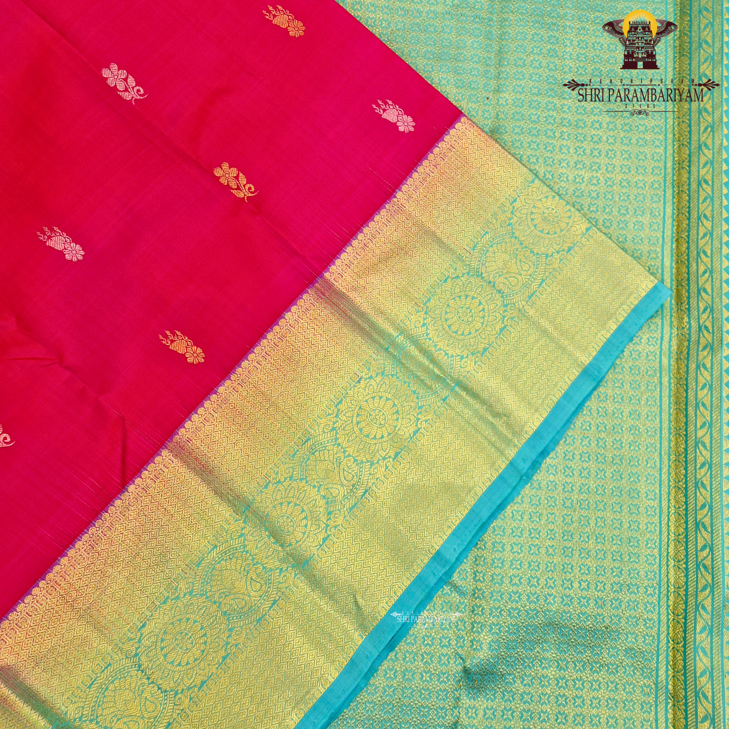 Bright Rani Pink body with a contrasting Peacock Blue / Aqua Green Saree