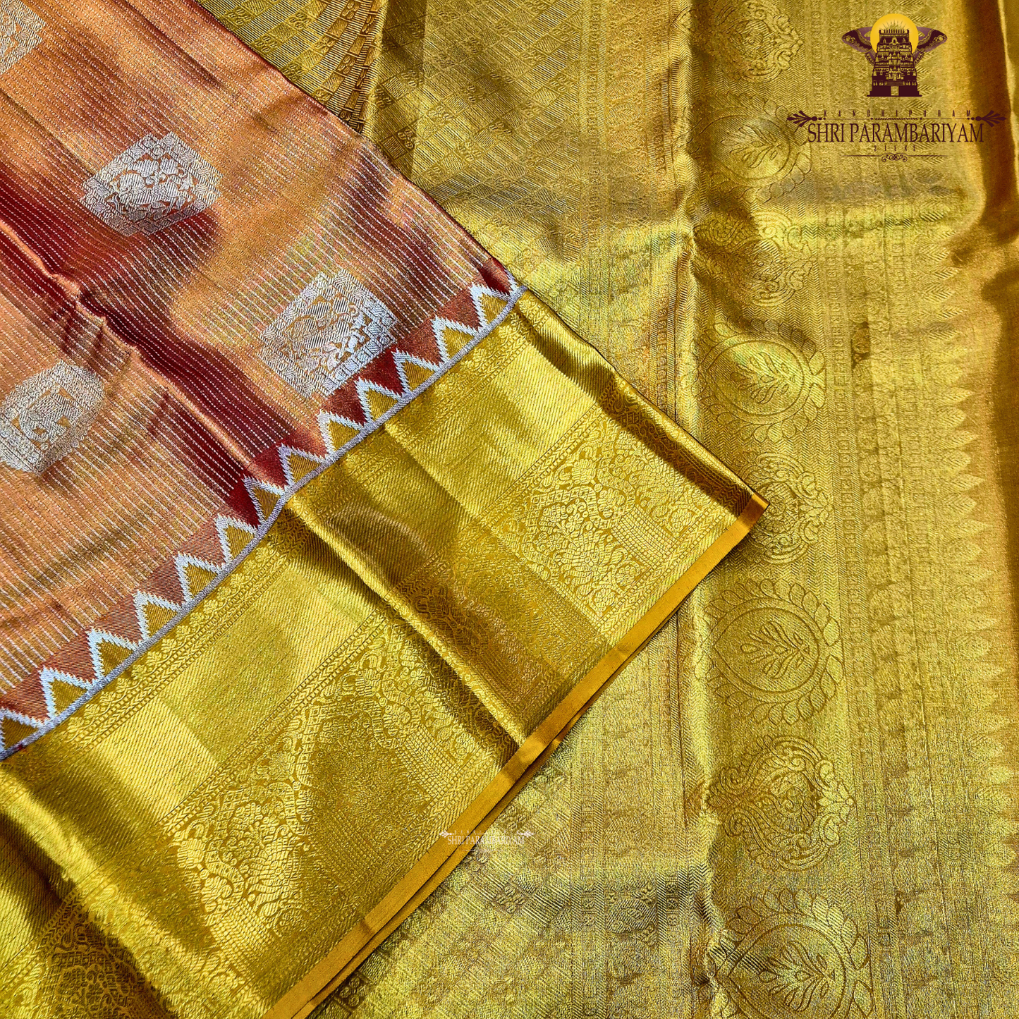 Rich golden tissue body with a rusty orange / copper-toned pallu Saree