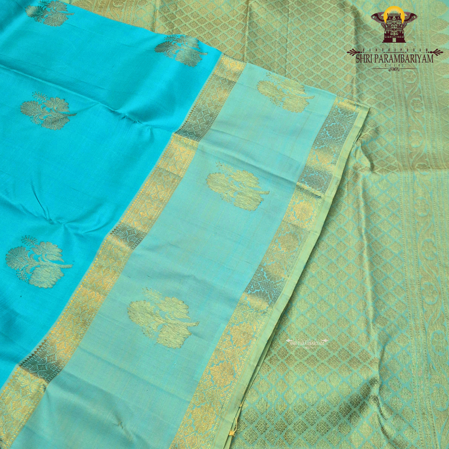 A refreshing dual-tone turquoise blue with pastel mint green Saree