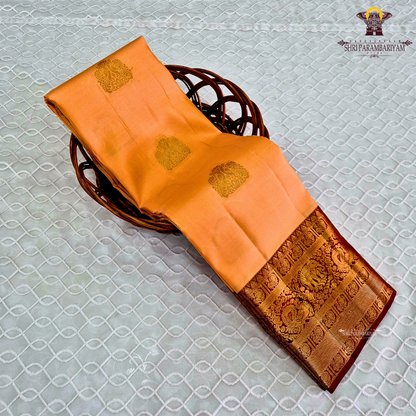 A soft peach gold body adorned with elegant zari Saree