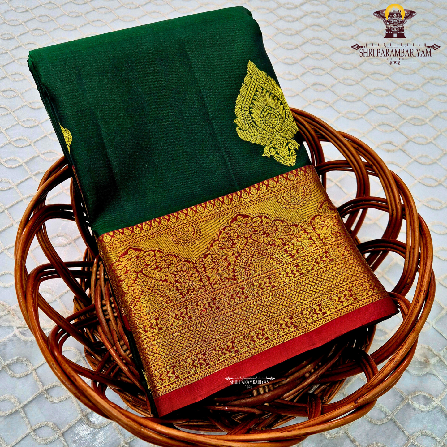Rich Bottle Green with Grand Gold Zari Border & Red Selvedge Saree
