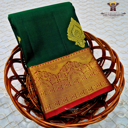 Rich Bottle Green with Grand Gold Zari Border & Red Selvedge Saree