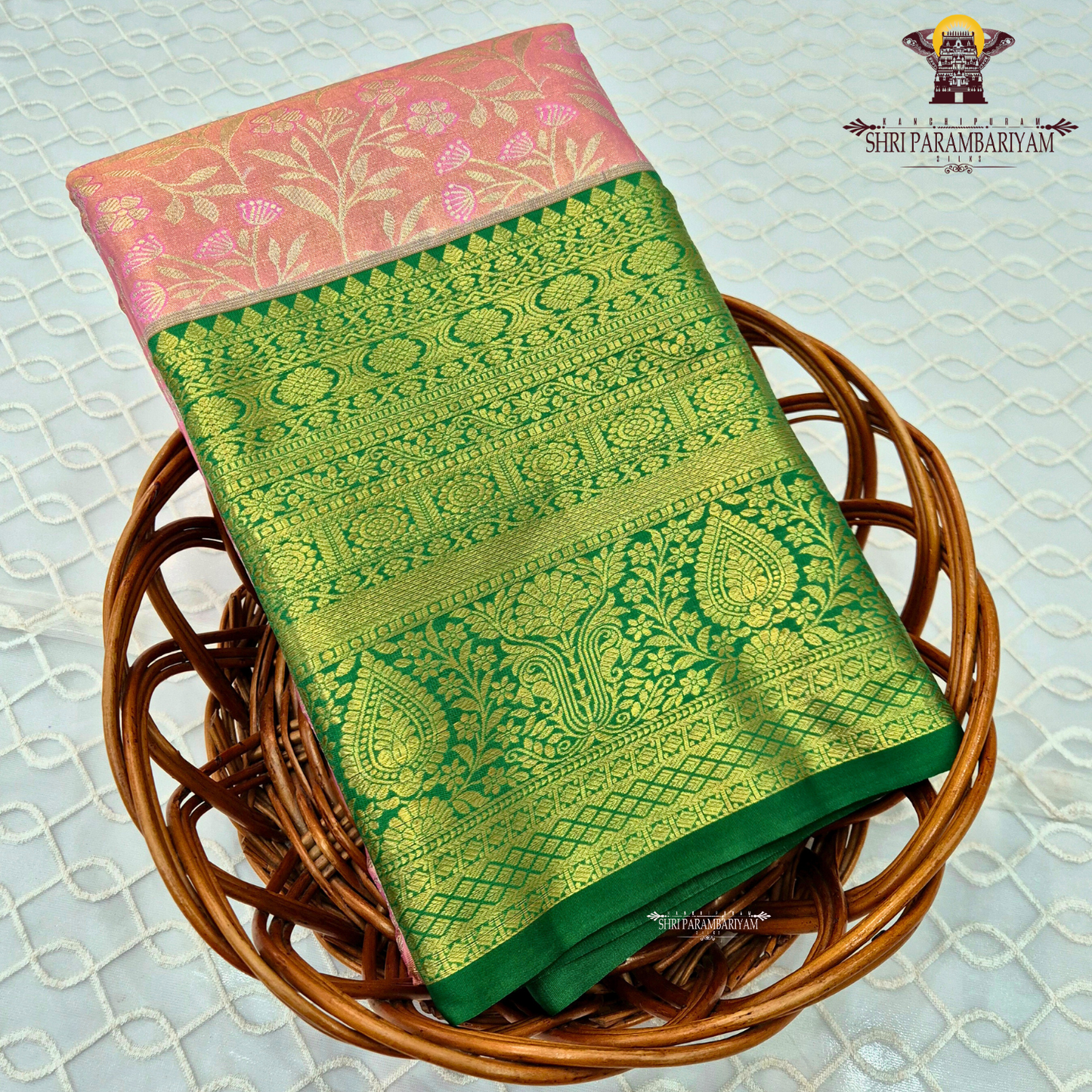 Soft rose pink / pastel pink with Rich emerald green Saree