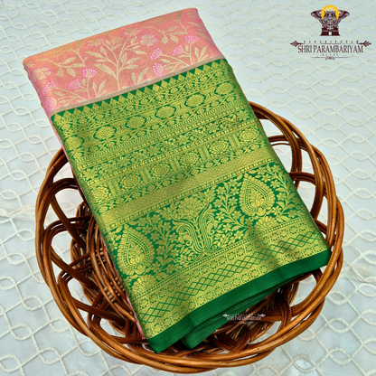 Soft rose pink / pastel pink with Rich emerald green Saree
