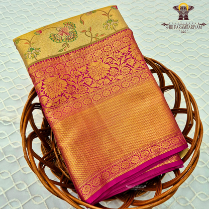 Soft beige / light gold with Contrast rani pink border Saree