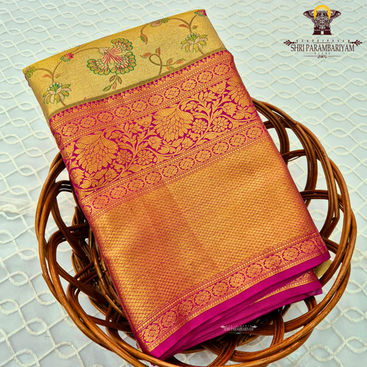 Soft beige / light gold with Contrast rani pink border Saree