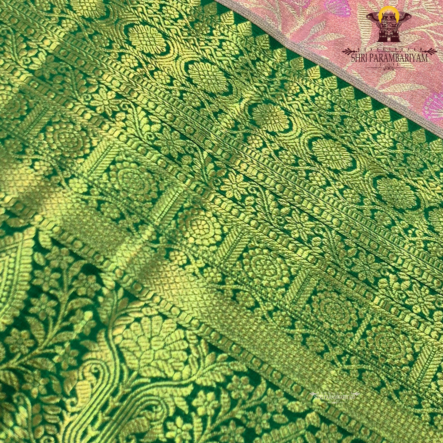 Soft rose pink / pastel pink with Rich emerald green Saree
