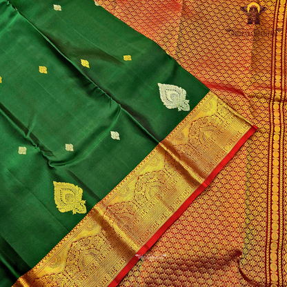 Rich Bottle Green with Grand Gold Zari Border & Red Selvedge Saree