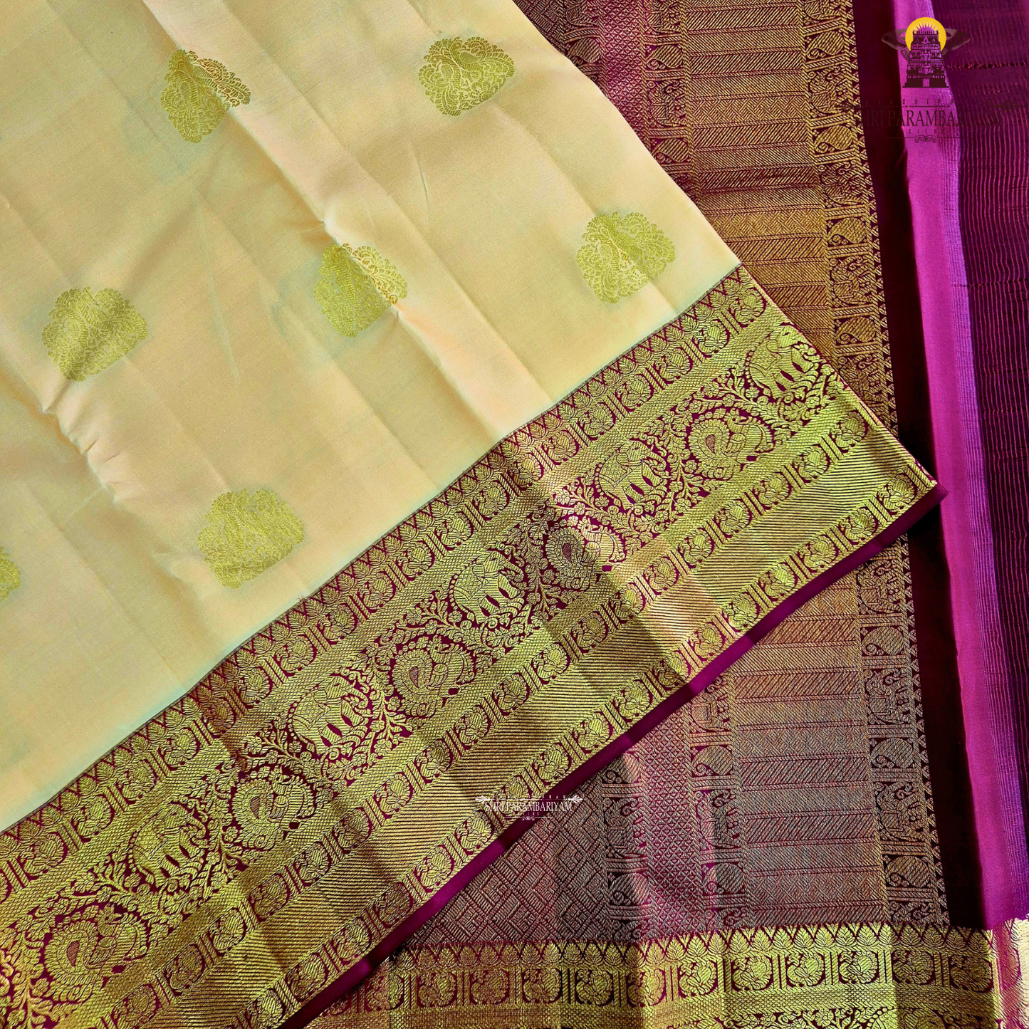 A soft peach gold body adorned with elegant zari Saree