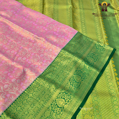 Soft rose pink / pastel pink with Rich emerald green Saree