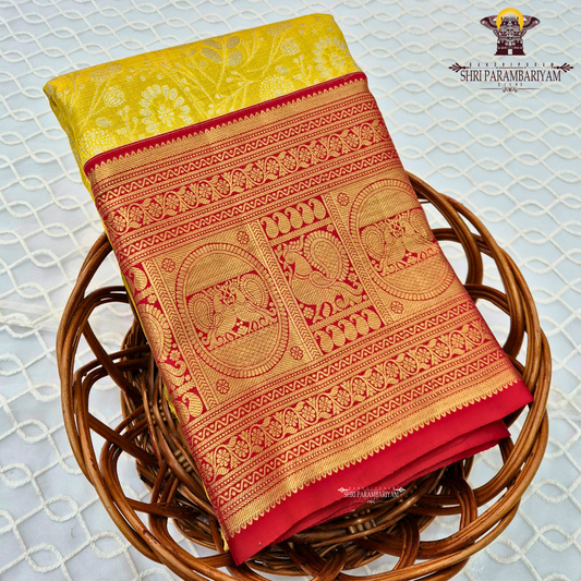 Bright lemon yellow with Contrast deep red border Saree