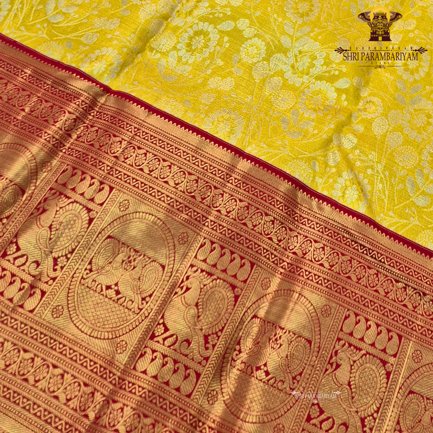 Bright lemon yellow with Contrast deep red border Saree