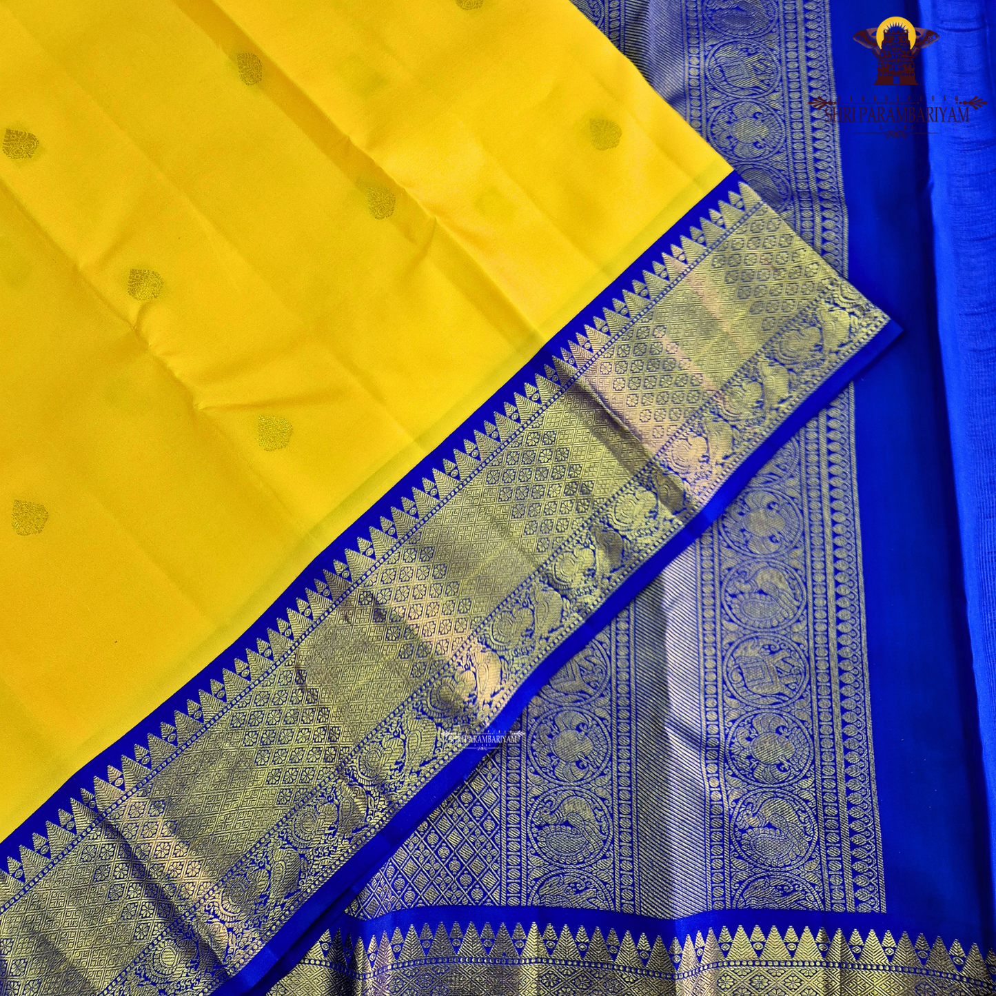 A radiant turmeric yellow body adorned with elegant zari buttas Saree