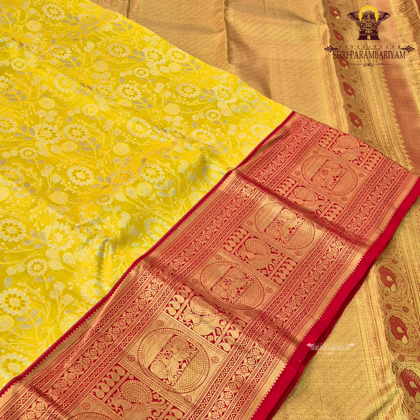 Bright lemon yellow with Contrast deep red border Saree