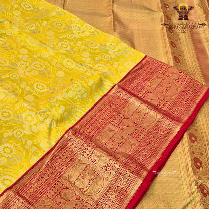 Bright lemon yellow with Contrast deep red border Saree
