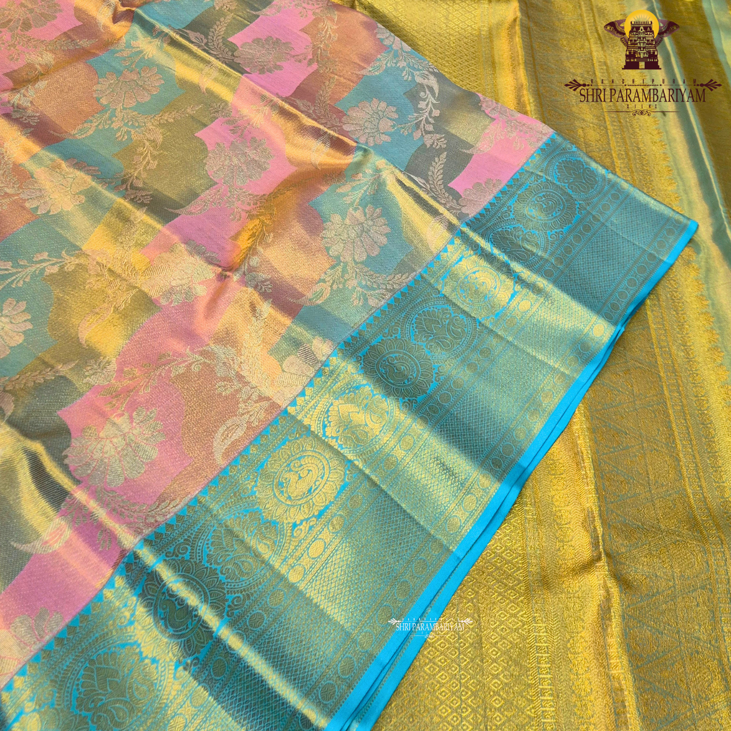 A rich dual-tone combination featuring golden tissue with pastel mint green Saree