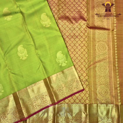 A lime Green (yellowish green tone) with Rich Gold zari border Saree