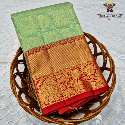 A Mint green with a rich red korvai border and elegant gold zari Saree