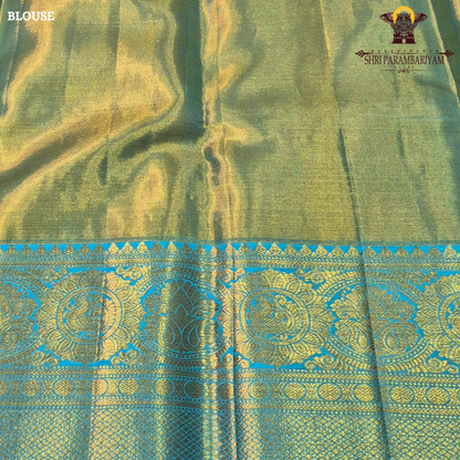 A rich dual-tone combination featuring golden tissue with pastel mint green Saree