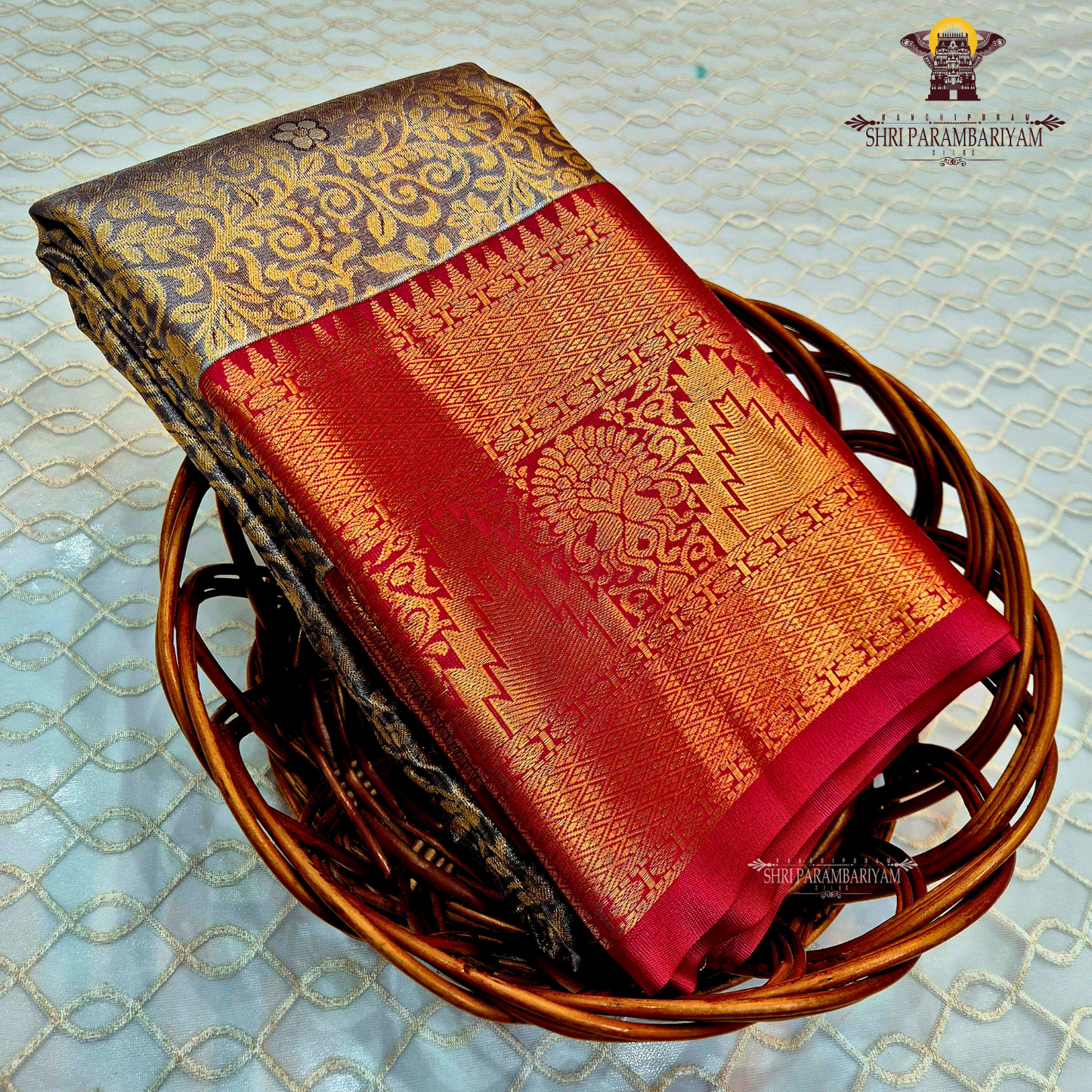 A rich charcoal grey / gunmetal grey Tissue Saree