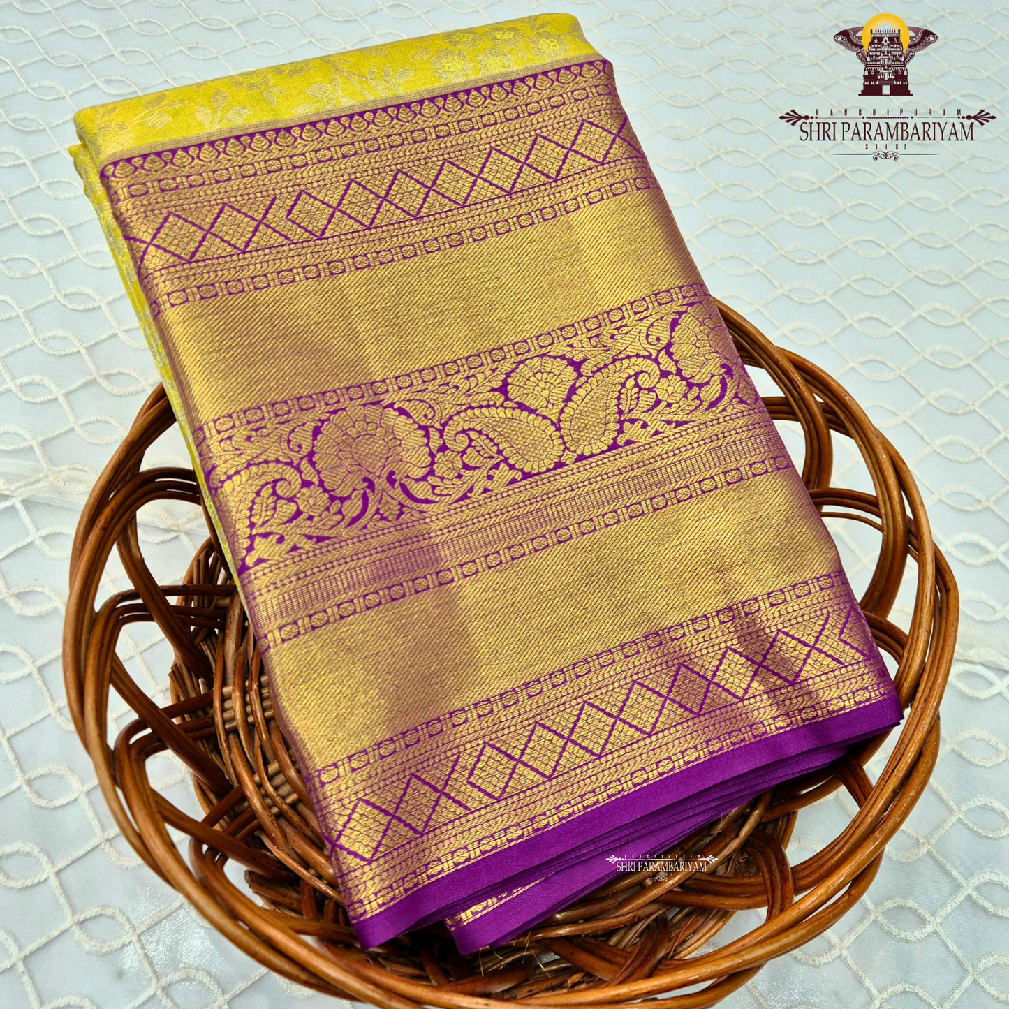 Bright sunshine yellow with golden tissue sheen Saree