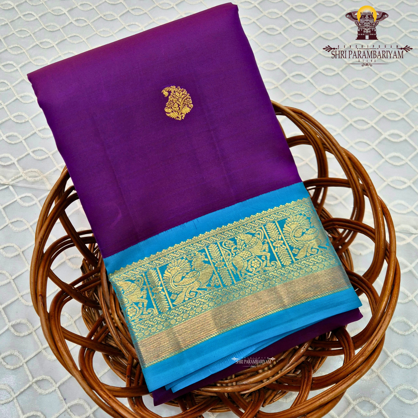 Rich Violet / Purple body with Sky Blue border Saree