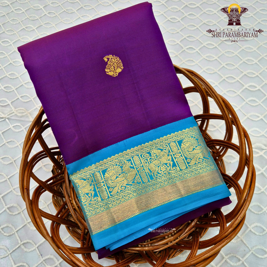 Rich Violet / Purple body with Sky Blue border Saree