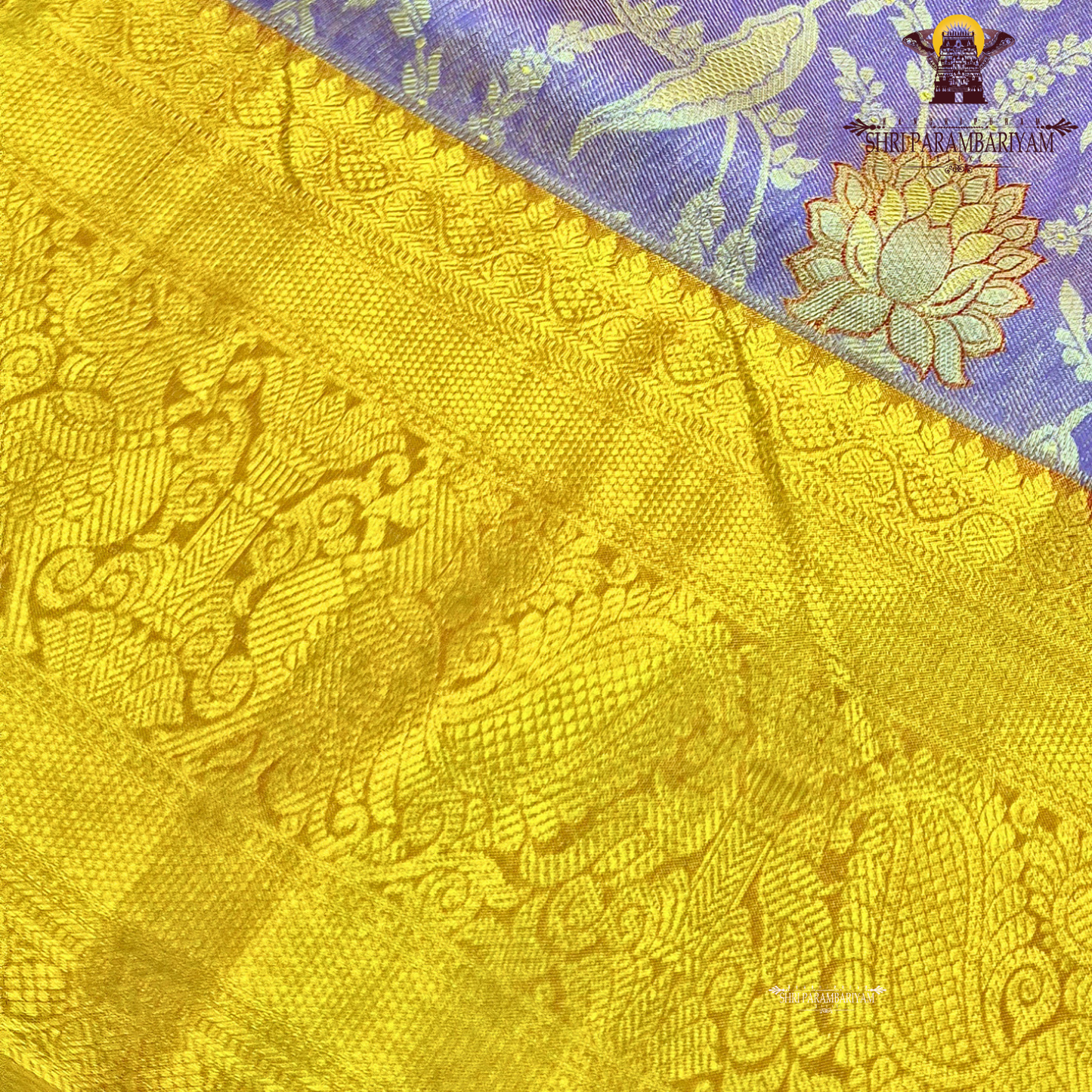 A graceful lavender / soft purple base highlighted with rich golden zari Saree
